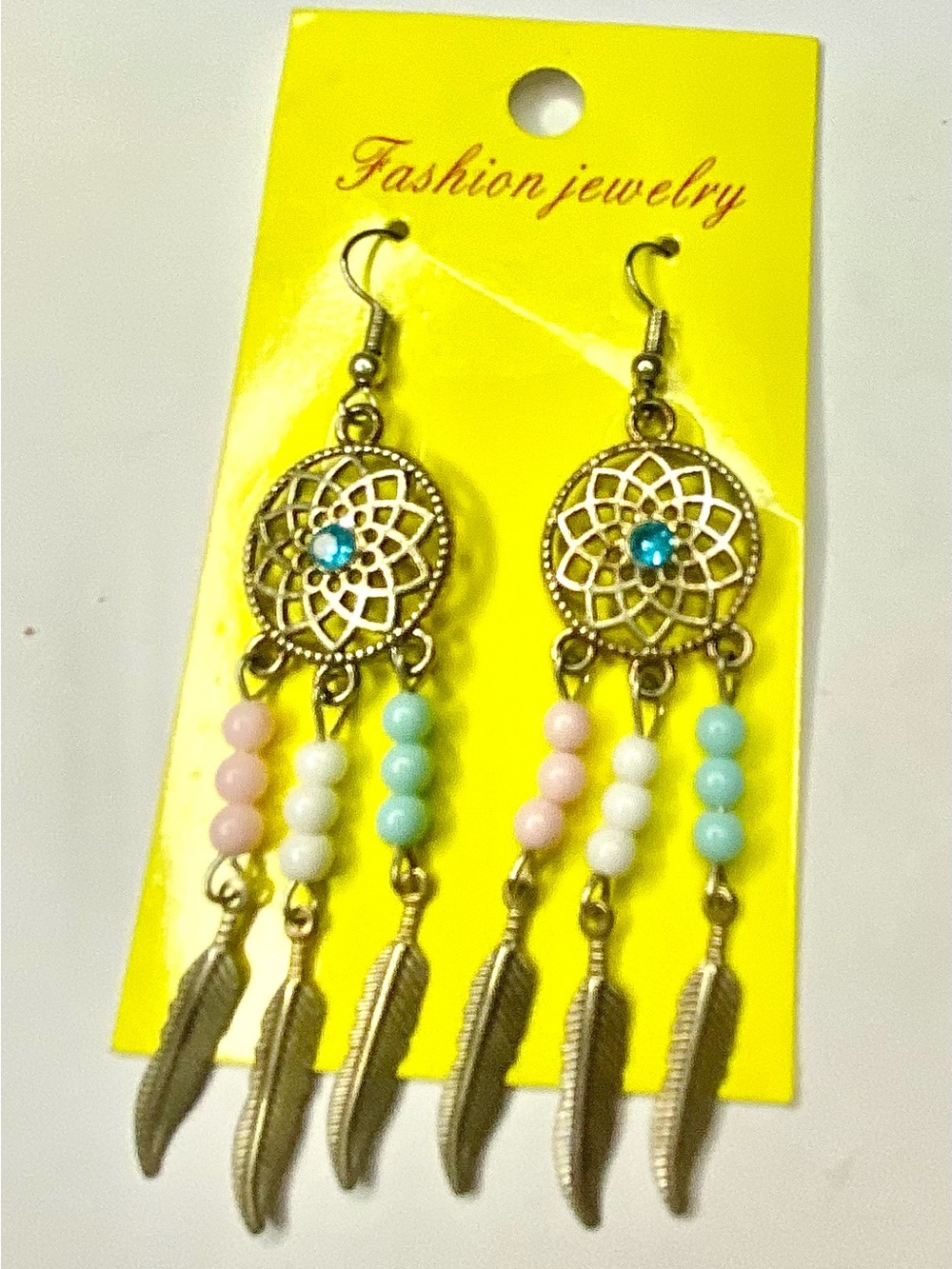 Silver-Tone Dreamcatcher Dangle Earrings with Pink, White & Blue Beads